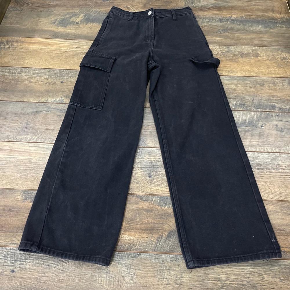 Adika Black Wide Leg Cargo Jeans High Waist Utility Streetwear Small Grunge Y2K